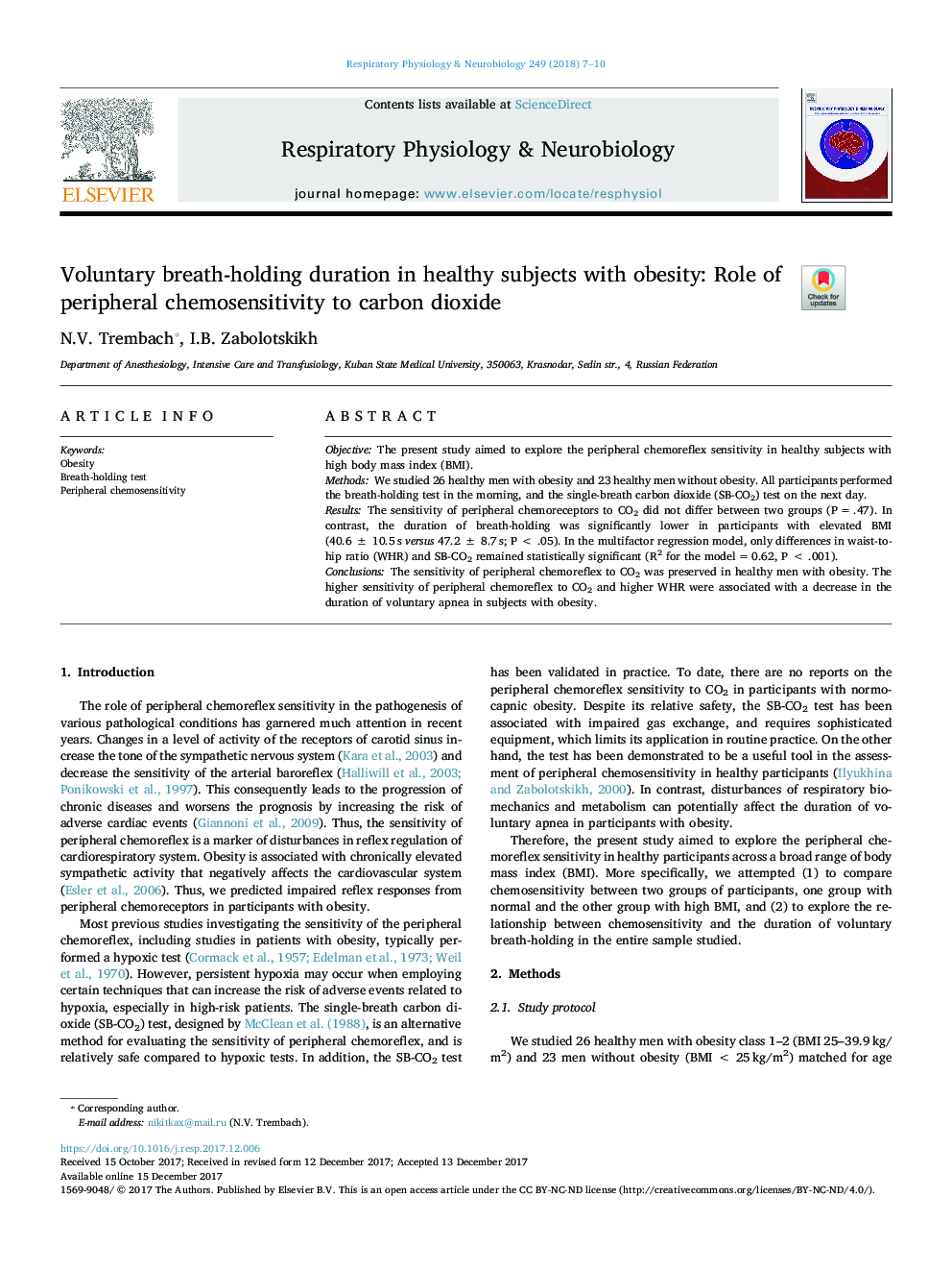 Voluntary breath-holding duration in healthy subjects with obesity: Role of peripheral chemosensitivity to carbon dioxide