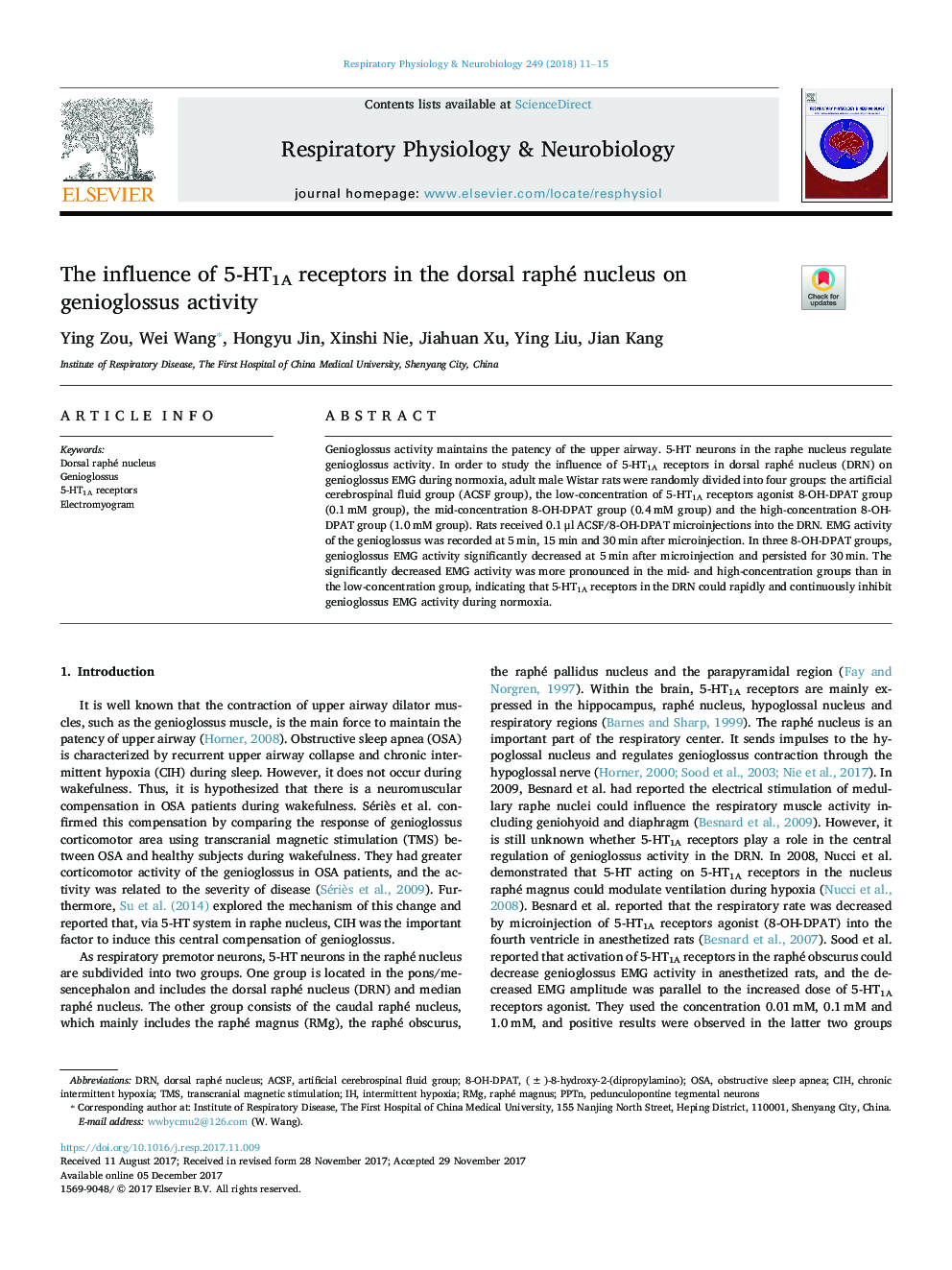 The influence of 5-HT1A receptors in the dorsal raphé nucleus on genioglossus activity