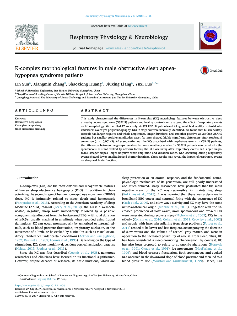 K-complex morphological features in male obstructive sleep apnea-hypopnea syndrome patients