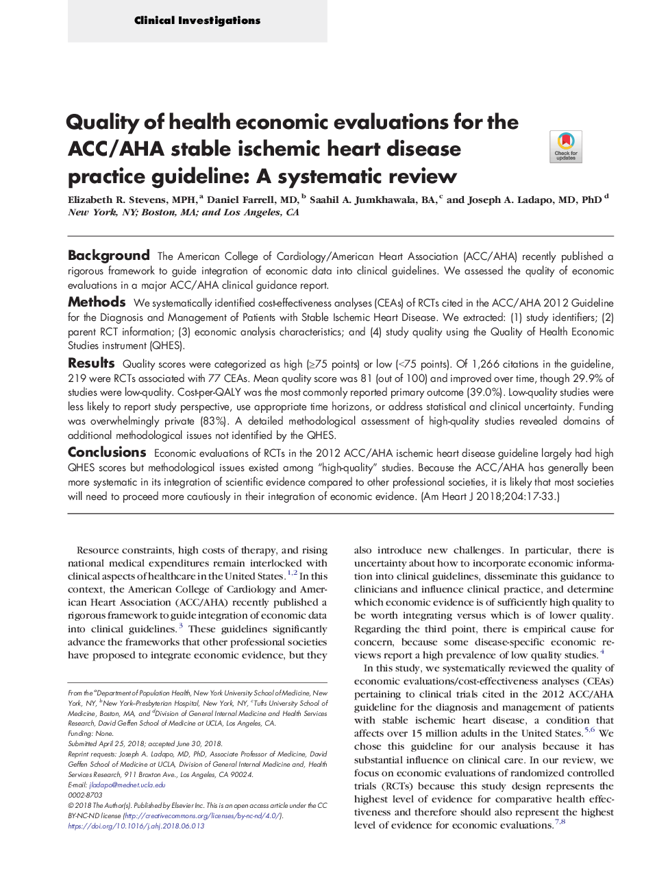 Quality of health economic evaluations for the ACC/AHA stable ischemic heart disease practice guideline: A systematic review