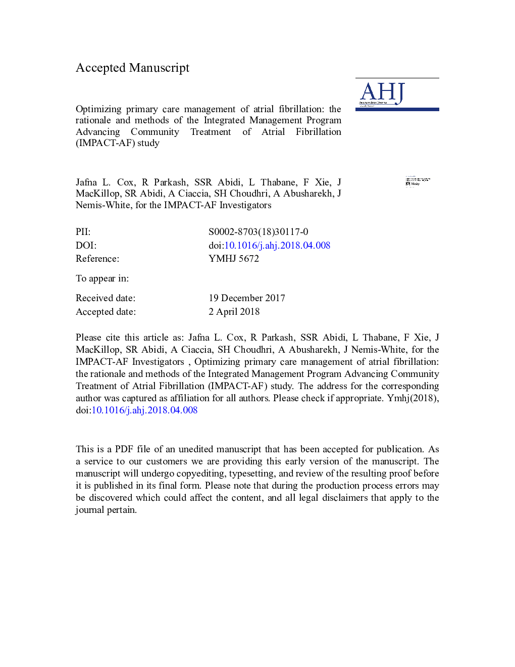 Optimizing primary care management of atrial fibrillation: The rationale and methods of the Integrated Management Program Advancing Community Treatment of Atrial Fibrillation (IMPACT-AF) study