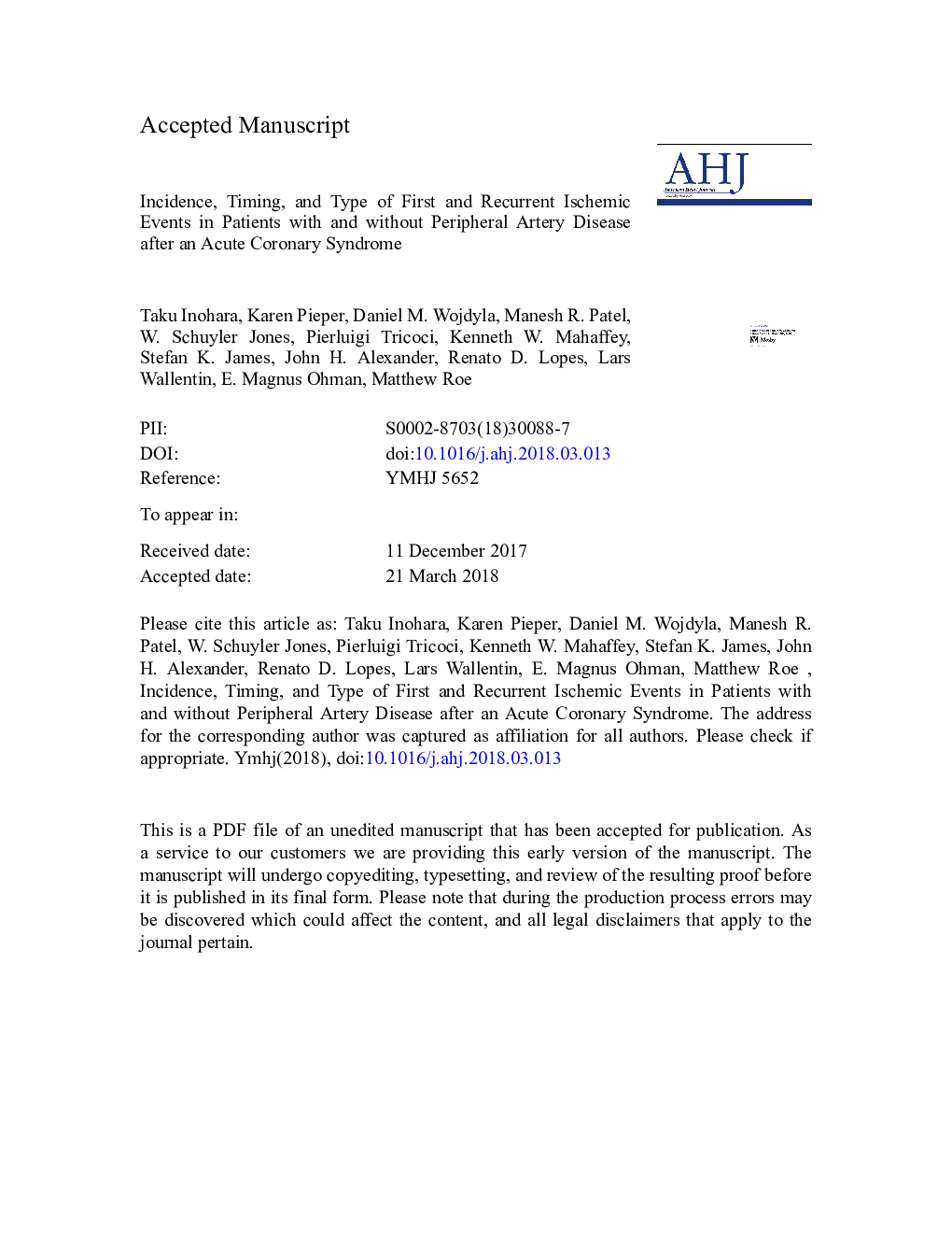 Incidence, timing, and type of first and recurrent ischemic events in patients with and without peripheral artery disease after an acute coronary syndrome