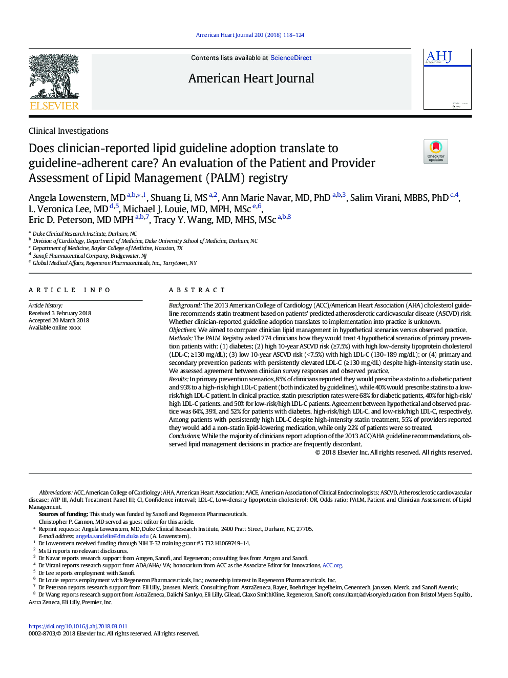 Does clinician-reported lipid guideline adoption translate to guideline-adherent care? An evaluation of the Patient and Provider Assessment of Lipid Management (PALM) registry