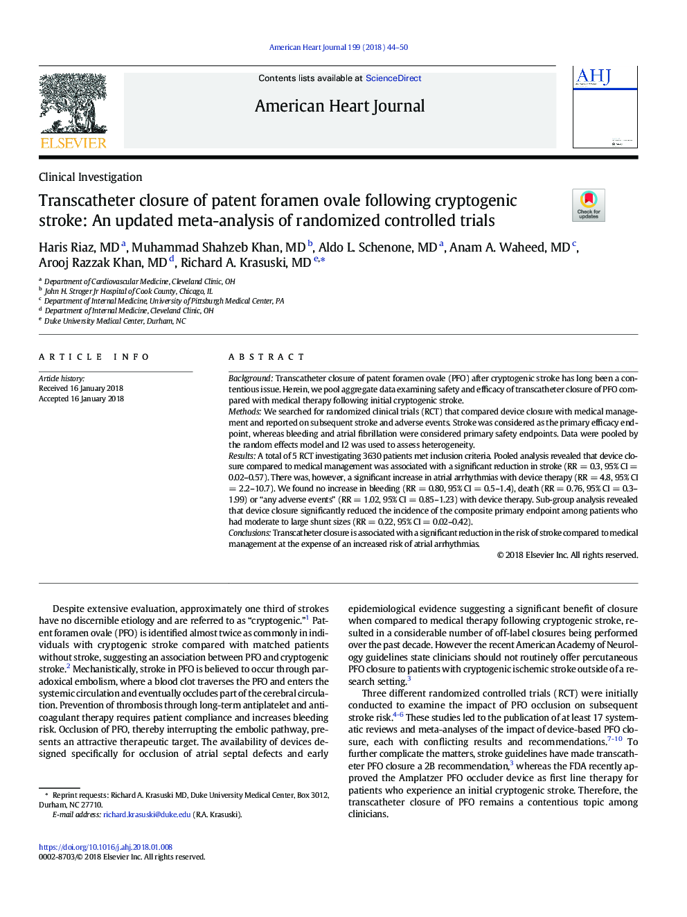 Transcatheter closure of patent foramen ovale following cryptogenic stroke: An updated meta-analysis of randomized controlled trials