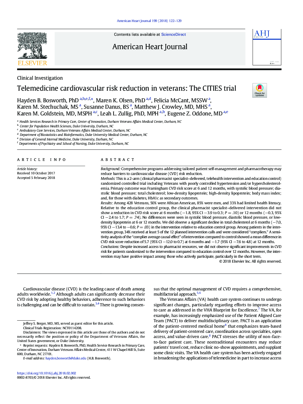 Telemedicine cardiovascular risk reduction in veterans: The CITIES trial
