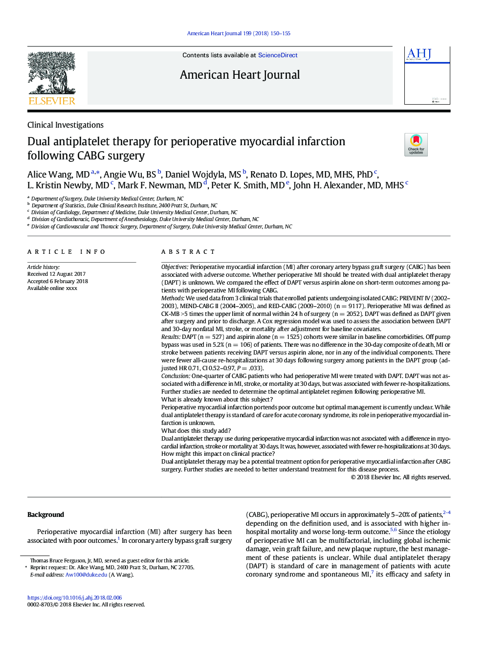 Dual antiplatelet therapy for perioperative myocardial infarction following CABG surgery