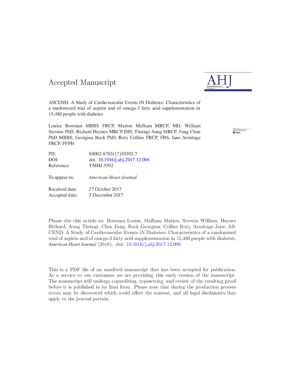 ASCEND: A Study of Cardiovascular Events iN Diabetes: Characteristics of a randomized trial of aspirin and of omega-3 fatty acid supplementation in 15,480 people with diabetes