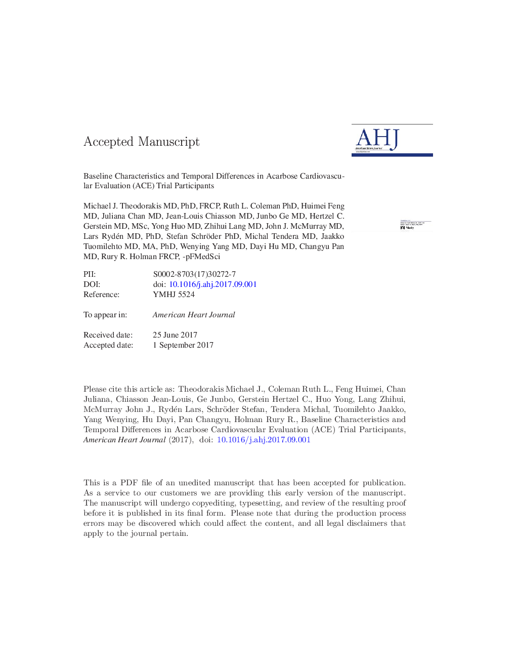 Baseline characteristics and temporal differences in Acarbose Cardiovascular Evaluation (ACE) trial participants