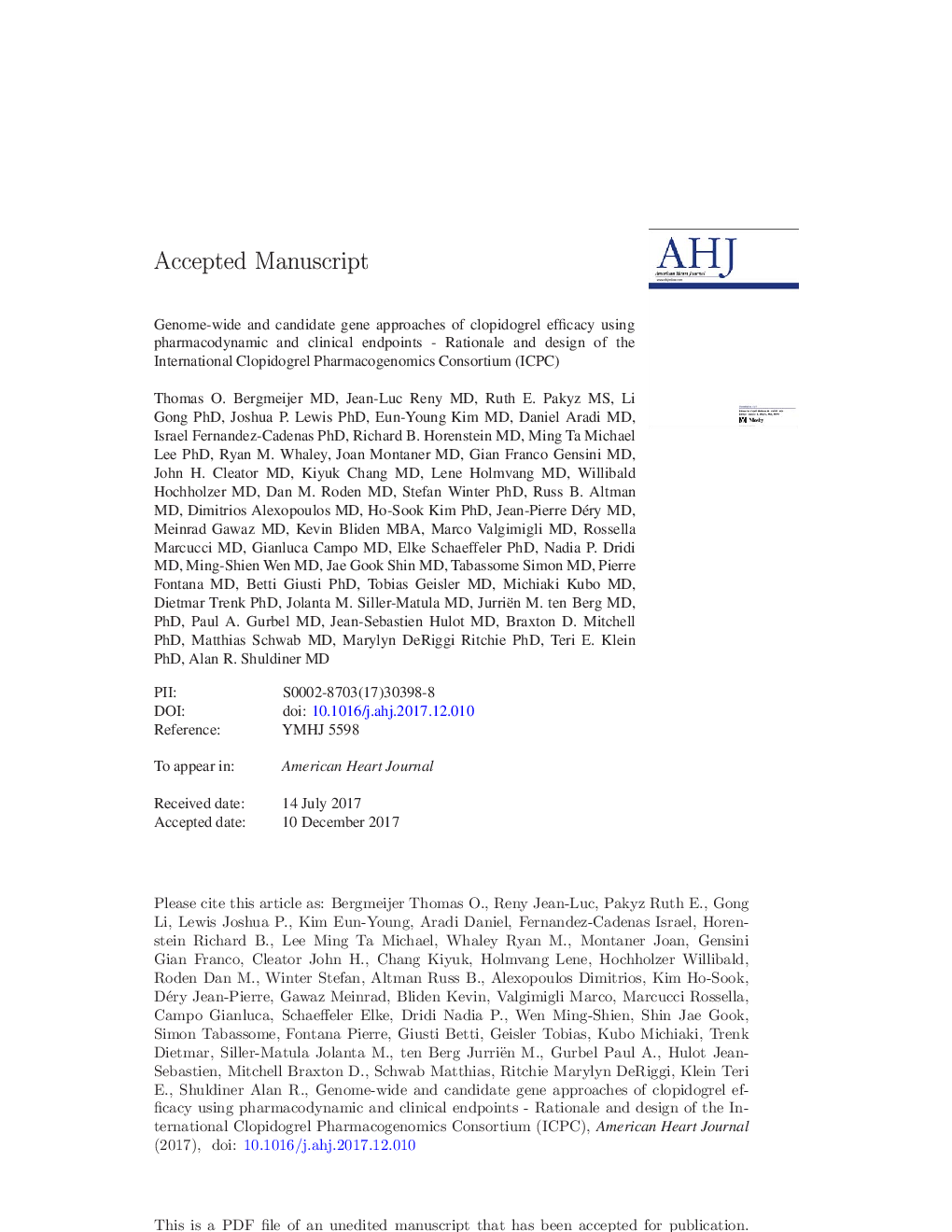 Genome-wide and candidate gene approaches of clopidogrel efficacy using pharmacodynamic and clinical end points-Rationale and design of the International Clopidogrel Pharmacogenomics Consortium (ICPC)