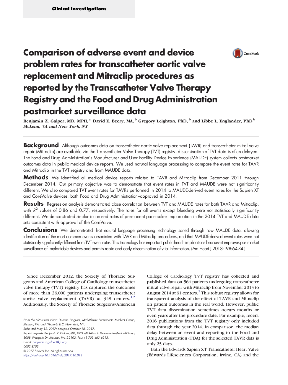 Comparison of adverse event and device problem rates for transcatheter aortic valve replacement and Mitraclip procedures as reported by the Transcatheter Valve Therapy Registry and the Food and Drug Administration postmarket surveillance data