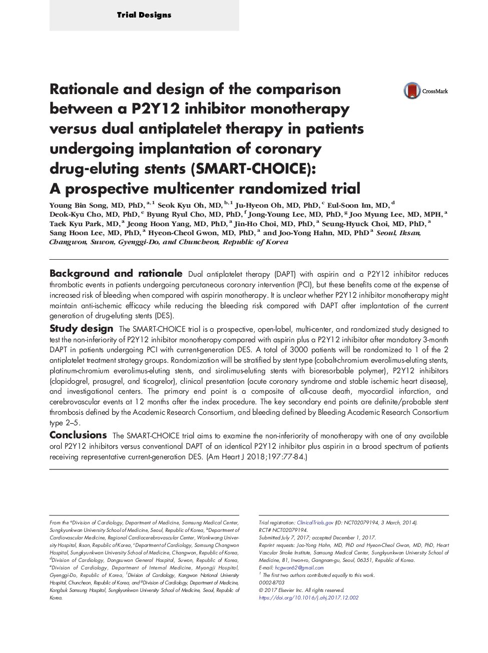 Rationale and design of the comparison between a P2Y12 inhibitor monotherapy versus dual antiplatelet therapy in patients undergoing implantation of coronary drug-eluting stents (SMART-CHOICE): A prospective multicenter randomized trial