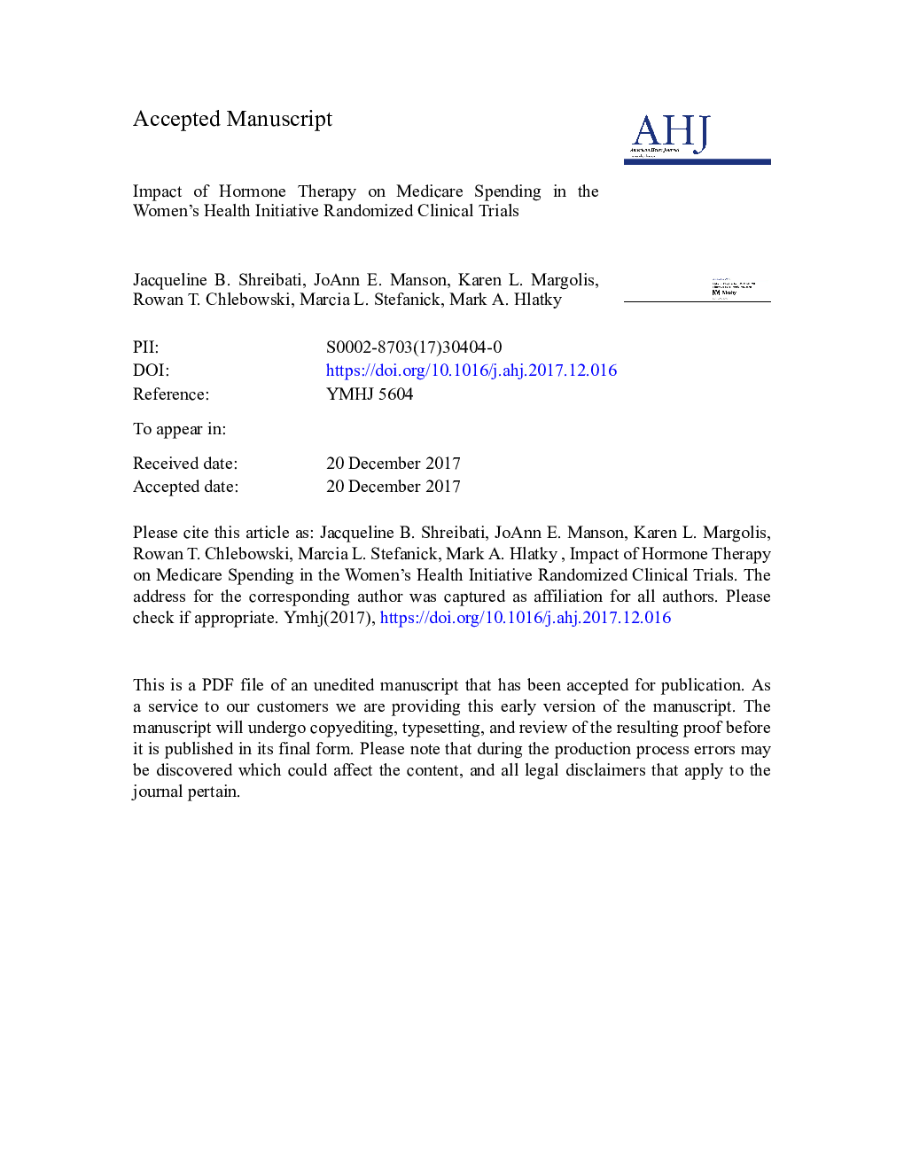 Impact of hormone therapy on Medicare spending in the Women's Health Initiative randomized clinical trials