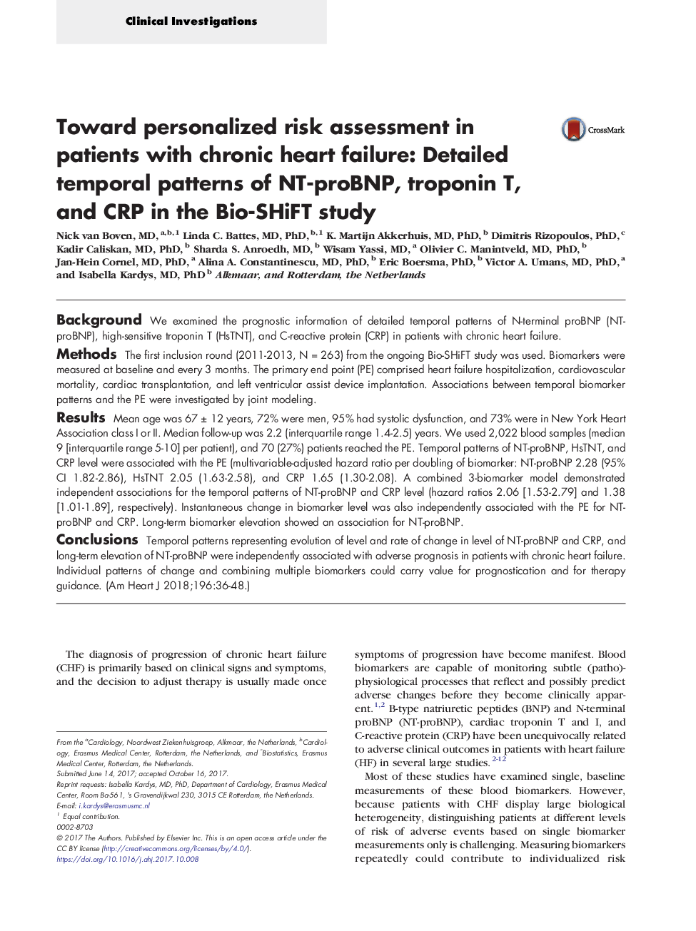 Toward personalized risk assessment in patients with chronic heart failure: Detailed temporal patterns of NT-proBNP, troponin T, and CRP in the Bio-SHiFT study