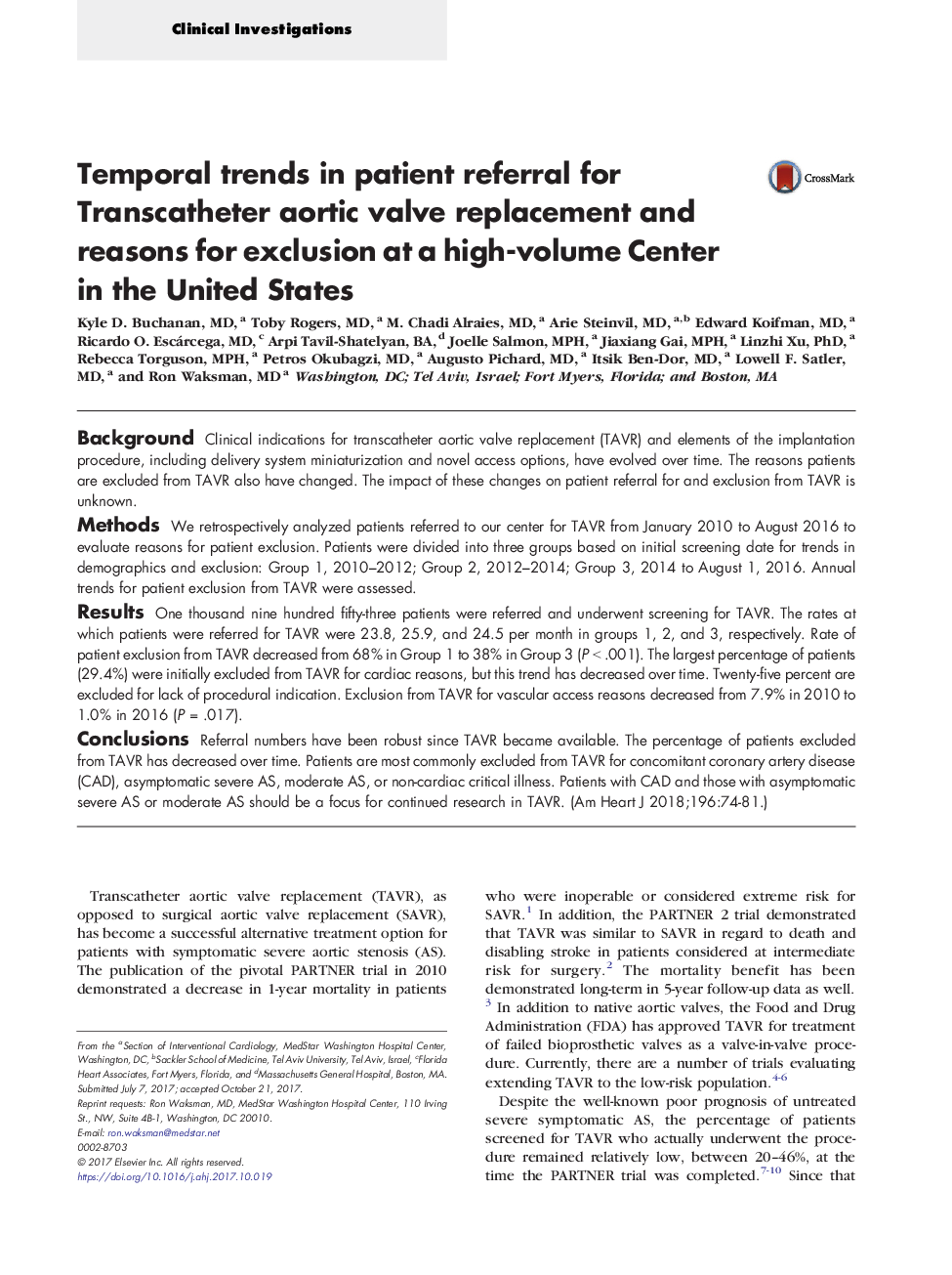 Temporal trends in patient referral for Transcatheter aortic valve replacement and reasons for exclusion at a high-volume Center in the United States