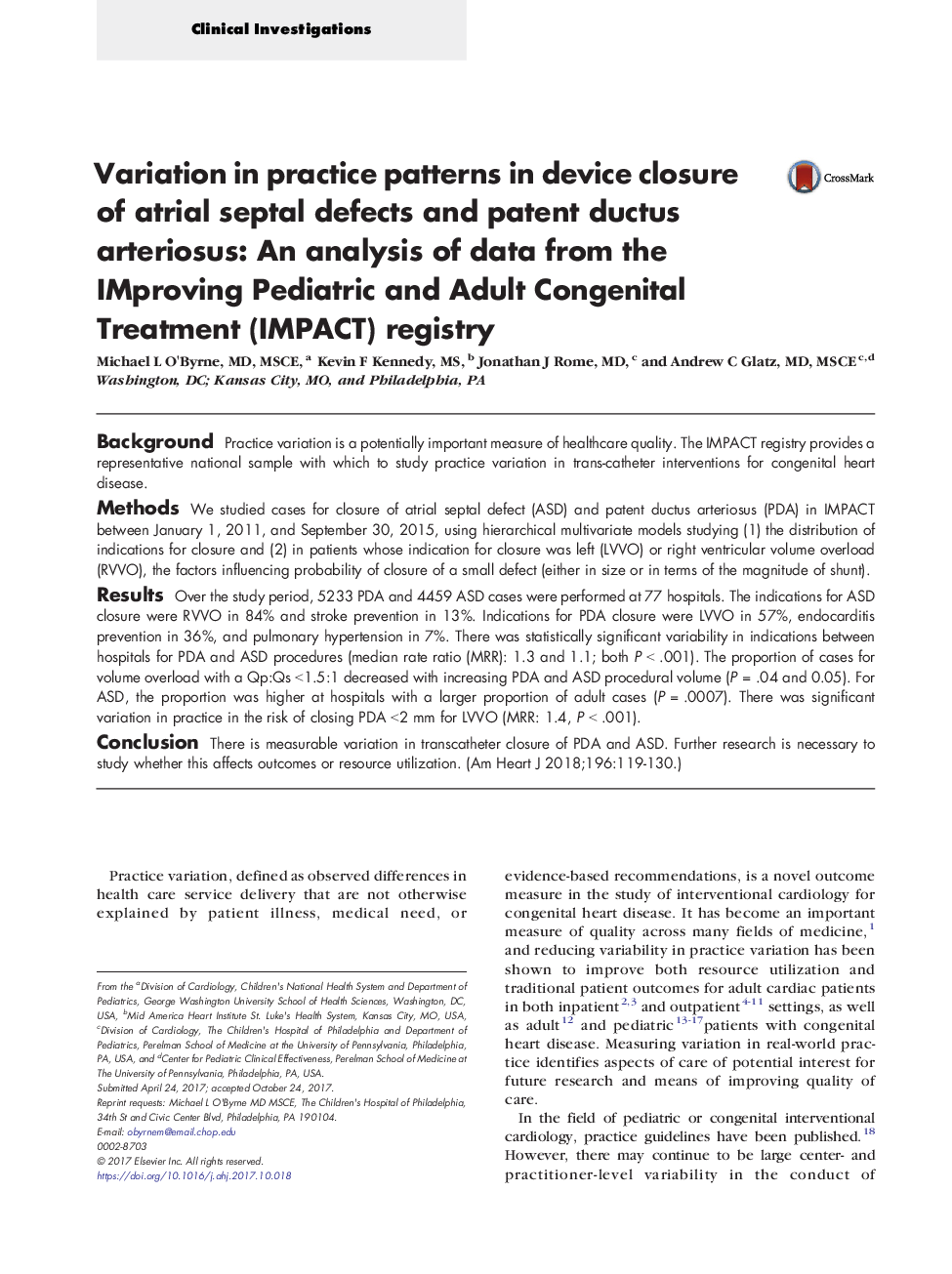 Variation in practice patterns in device closure of atrial septal defects and patent ductus arteriosus: An analysis of data from the IMproving Pediatric and Adult Congenital Treatment (IMPACT) registry