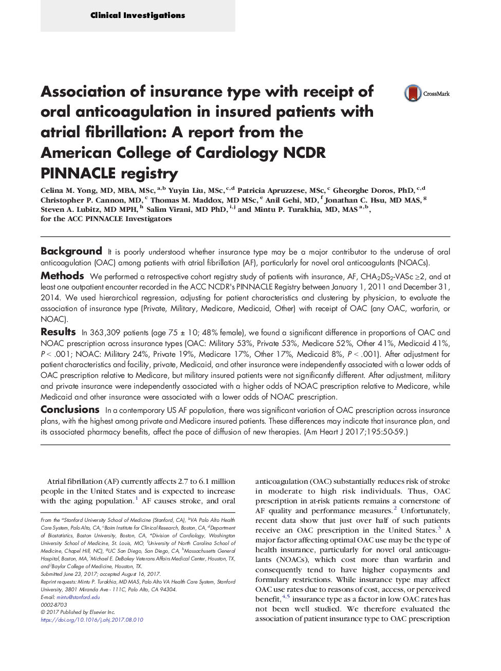 Association of insurance type with receipt of oral anticoagulation in insured patients with atrial fibrillation: A report from the American College of Cardiology NCDR PINNACLE registry