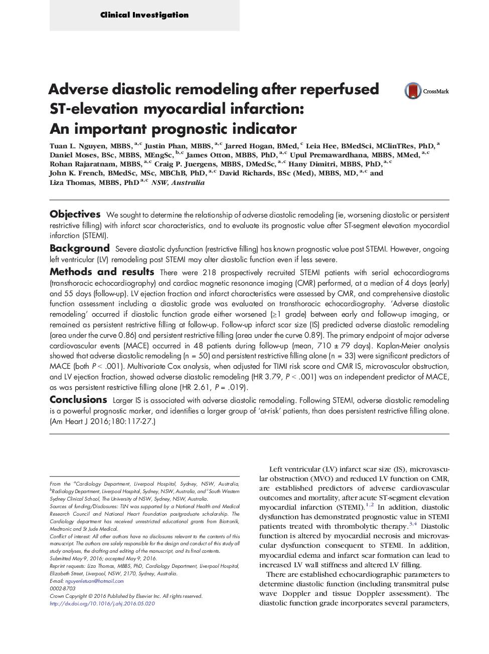 Adverse diastolic remodeling after reperfused ST-elevation myocardial infarction: An important prognostic indicator