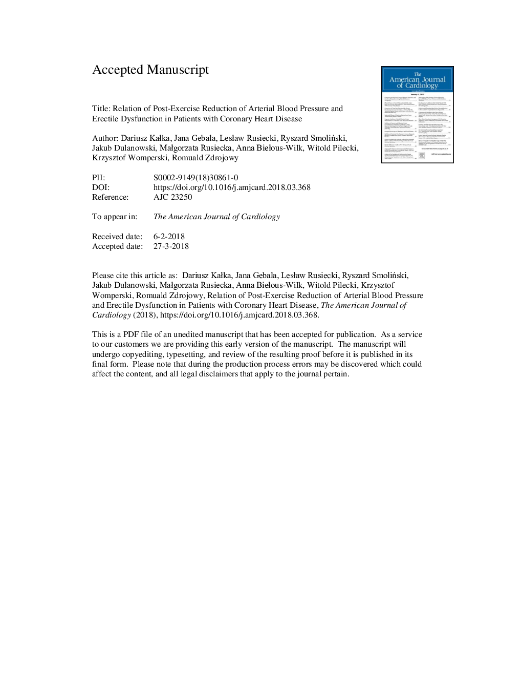 Relation of Postexercise Reduction of Arterial Blood Pressure and Erectile Dysfunction in Patients with Coronary Heart Disease