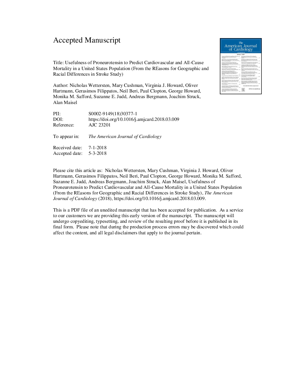 سودمندی پروونوروتنسین برای پیش بینی مرگ و میر قلبی عروقی در جمعیت ایالات متحده (از دلایل تفاوت های جغرافیایی و نژادی در مطالعه سکته مغزی) 