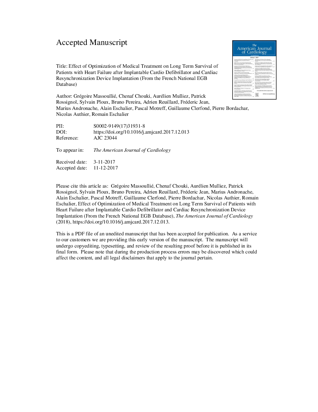 Effect of Optimization of Medical Treatment on Long-Term Survival of Patients With Heart Failure After Implantable Cardioverter Defibrillator and Cardiac Resynchronization Device Implantation (from the French National EGB Database)