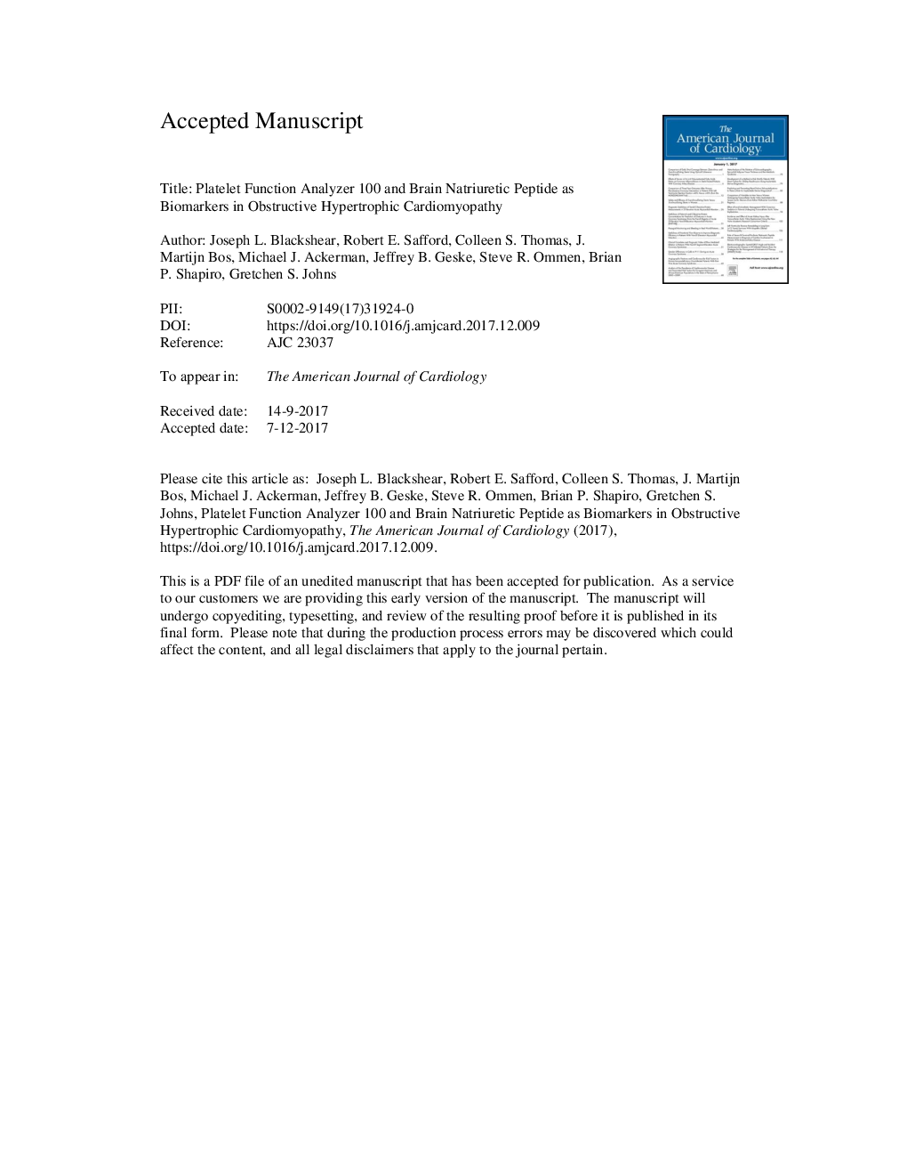 Platelet Function Analyzer 100 and Brain Natriuretic Peptide as Biomarkers in Obstructive Hypertrophic Cardiomyopathy