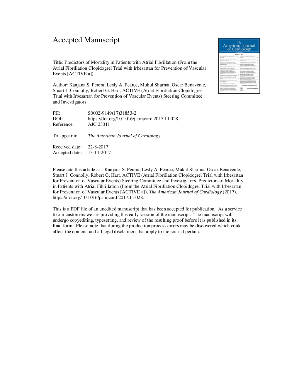 Predictors of Mortality in Patients With Atrial Fibrillation (from the Atrial Fibrillation Clopidogrel Trial With Irbesartan for Prevention of Vascular Events [ACTIVE A])