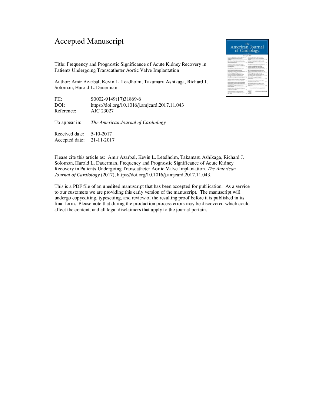 Frequency and Prognostic Significance of Acute Kidney Recovery in Patients Who Underwent Transcatheter Aortic Valve Implantation