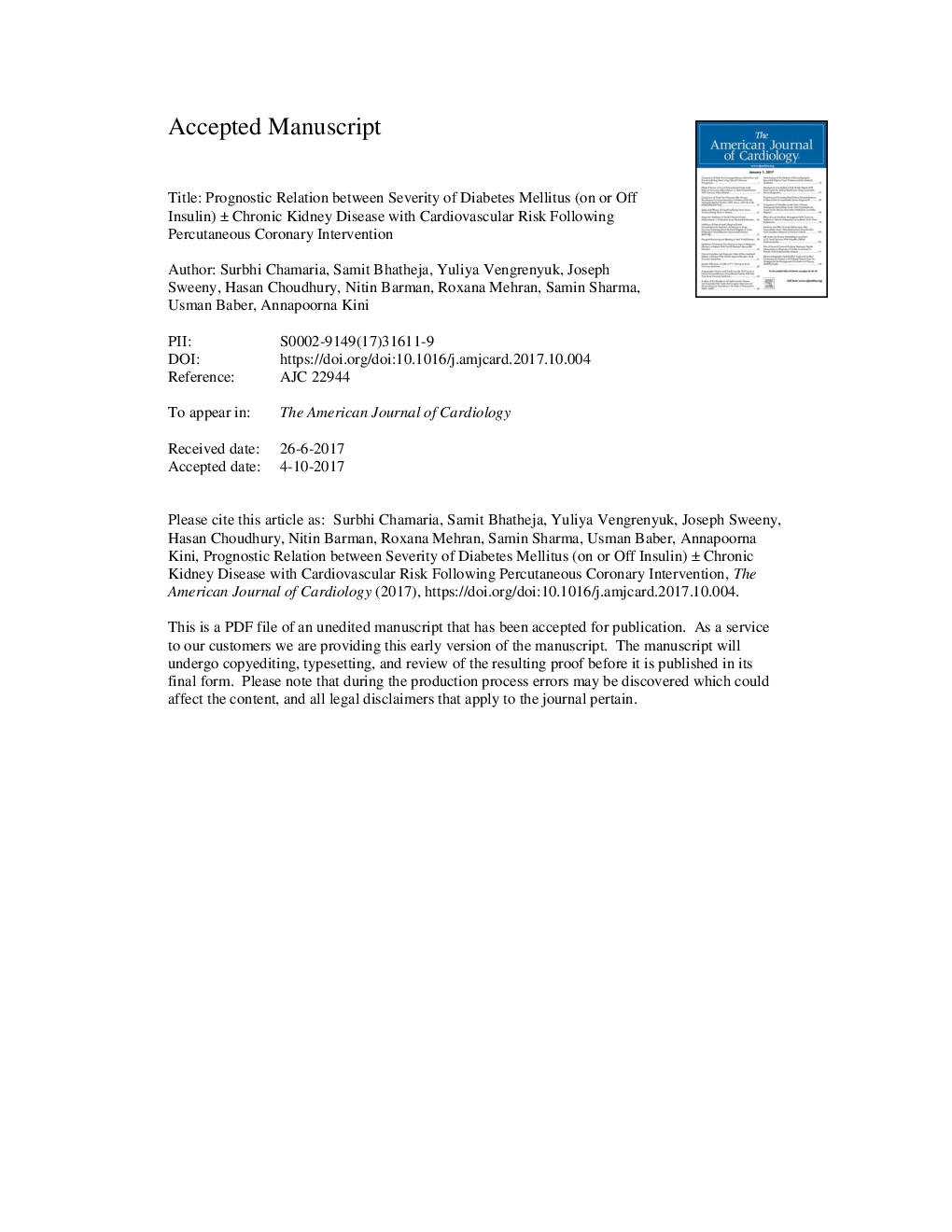 Prognostic Relation Between Severity of Diabetes Mellitus (On or Off Insulin)âÂ±âChronic Kidney Disease with Cardiovascular Risk After Percutaneous Coronary Intervention