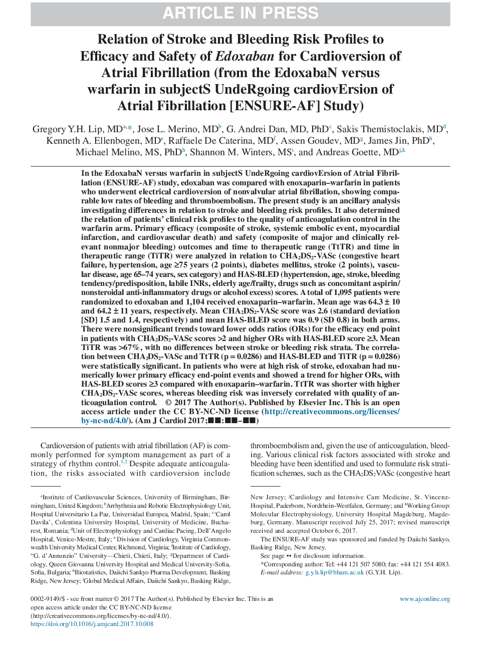 Relation of Stroke and Bleeding Risk Profiles to Efficacy and Safety of Edoxaban for Cardioversion of Atrial Fibrillation (from the EdoxabaN versus warfarin in subjectS UndeRgoing cardiovErsion of Atrial Fibrillation [ENSURE-AF] Study)