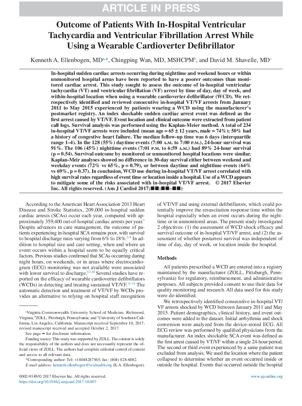 Outcome of Patients With In-Hospital Ventricular Tachycardia and Ventricular Fibrillation Arrest While Using a Wearable Cardioverter Defibrillator