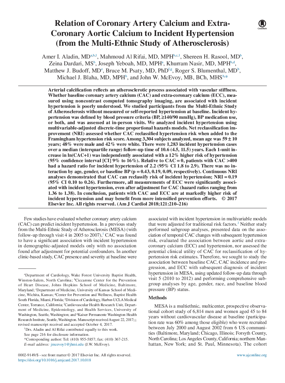 Relation of Coronary Artery Calcium and Extra-Coronary Aortic Calcium to Incident Hypertension (from the Multi-Ethnic Study of Atherosclerosis)