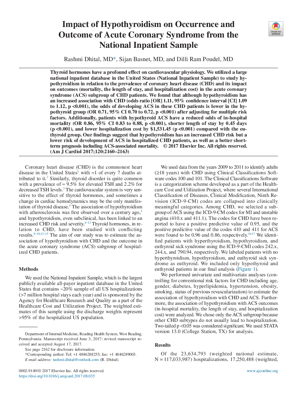 Impact of Hypothyroidism on Occurrence and Outcome of Acute Coronary Syndrome from the National Inpatient Sample