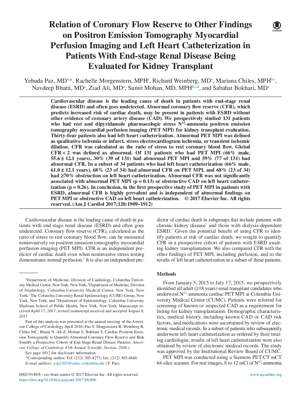 Relation of Coronary Flow Reserve to Other Findings on Positron Emission Tomography Myocardial Perfusion Imaging and Left Heart Catheterization in Patients With End-stage Renal Disease Being Evaluated for Kidney Transplant