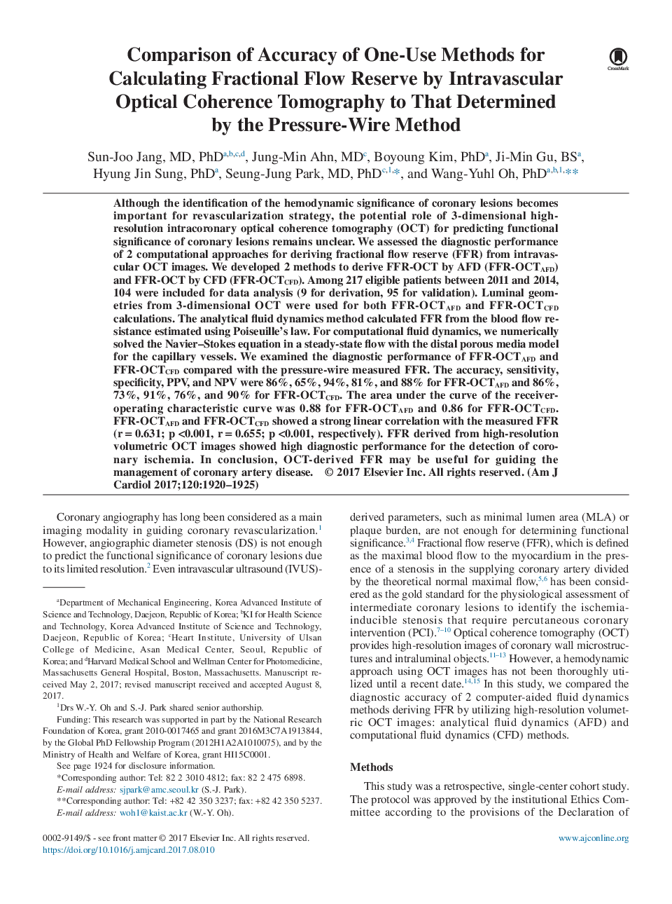Comparison of Accuracy of One-Use Methods for Calculating Fractional Flow Reserve by Intravascular Optical Coherence Tomography to That Determined by the Pressure-Wire Method