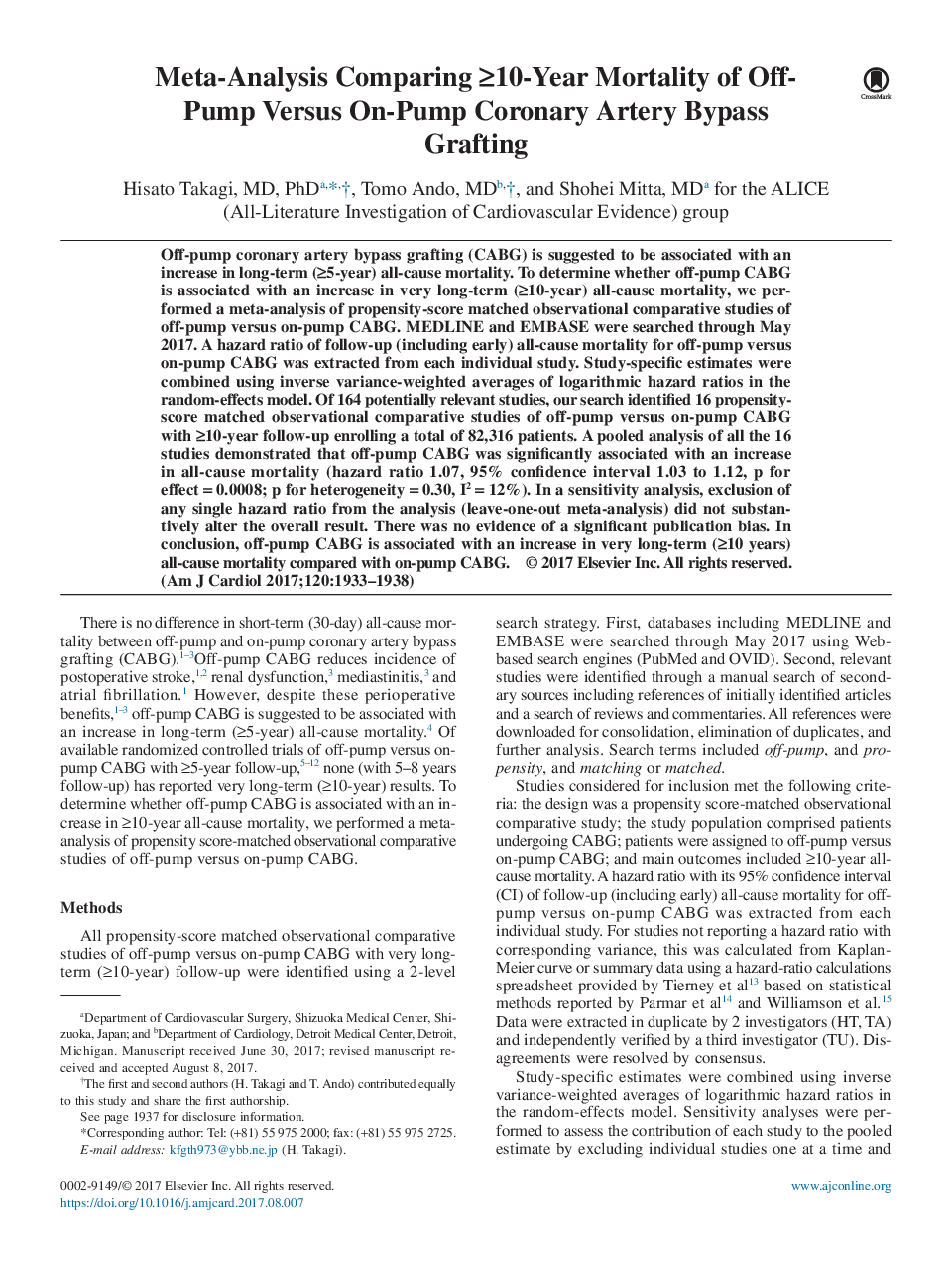 Meta-Analysis Comparing â¥10-Year Mortality of Off-Pump Versus On-Pump Coronary Artery Bypass Grafting
