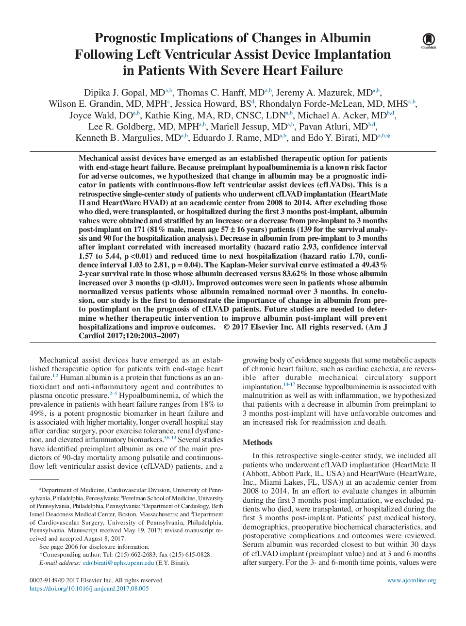 Prognostic Implications of Changes in Albumin Following Left Ventricular Assist Device Implantation in Patients With Severe Heart Failure