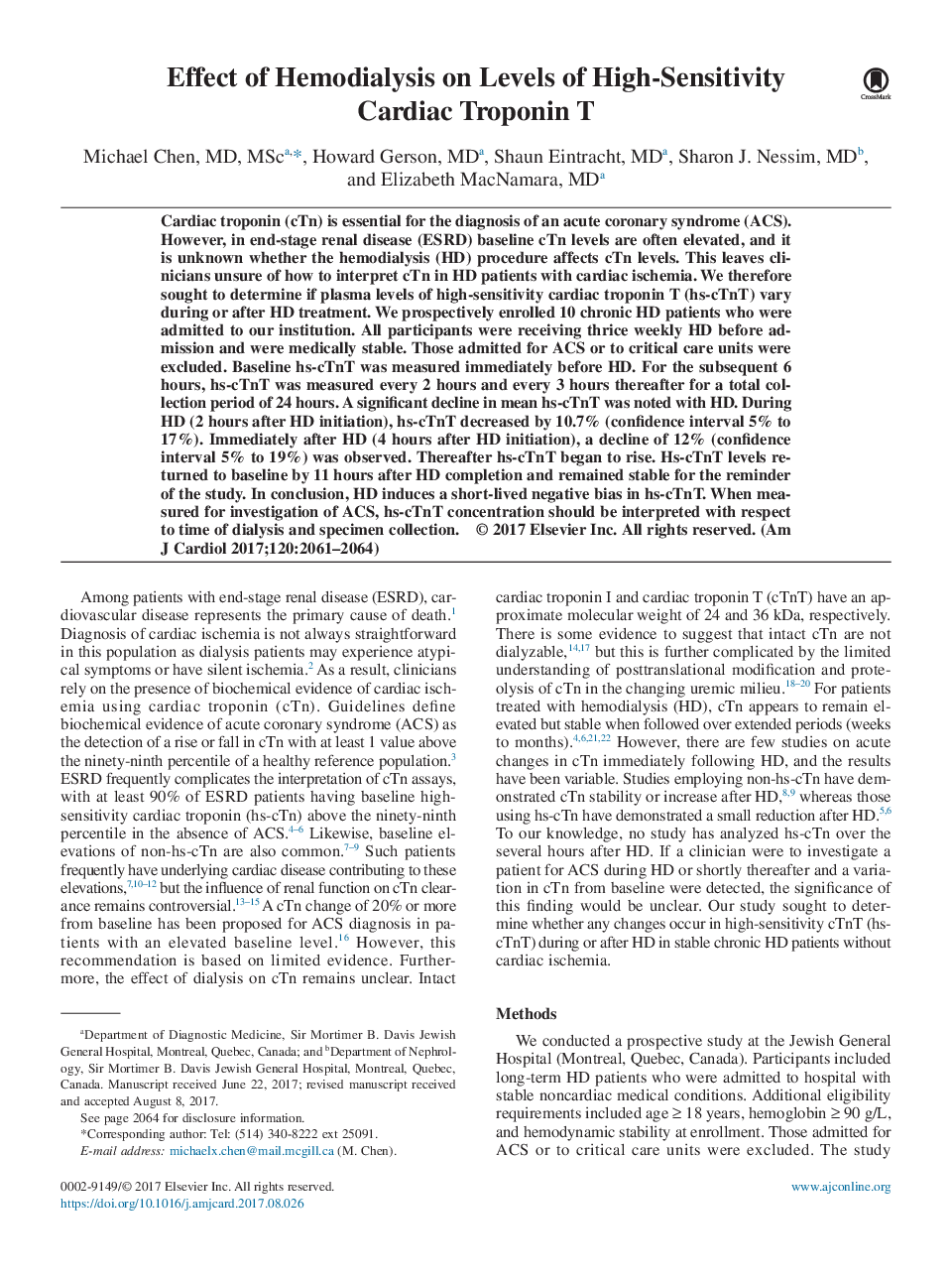 Effect of Hemodialysis on Levels of High-Sensitivity Cardiac Troponin T