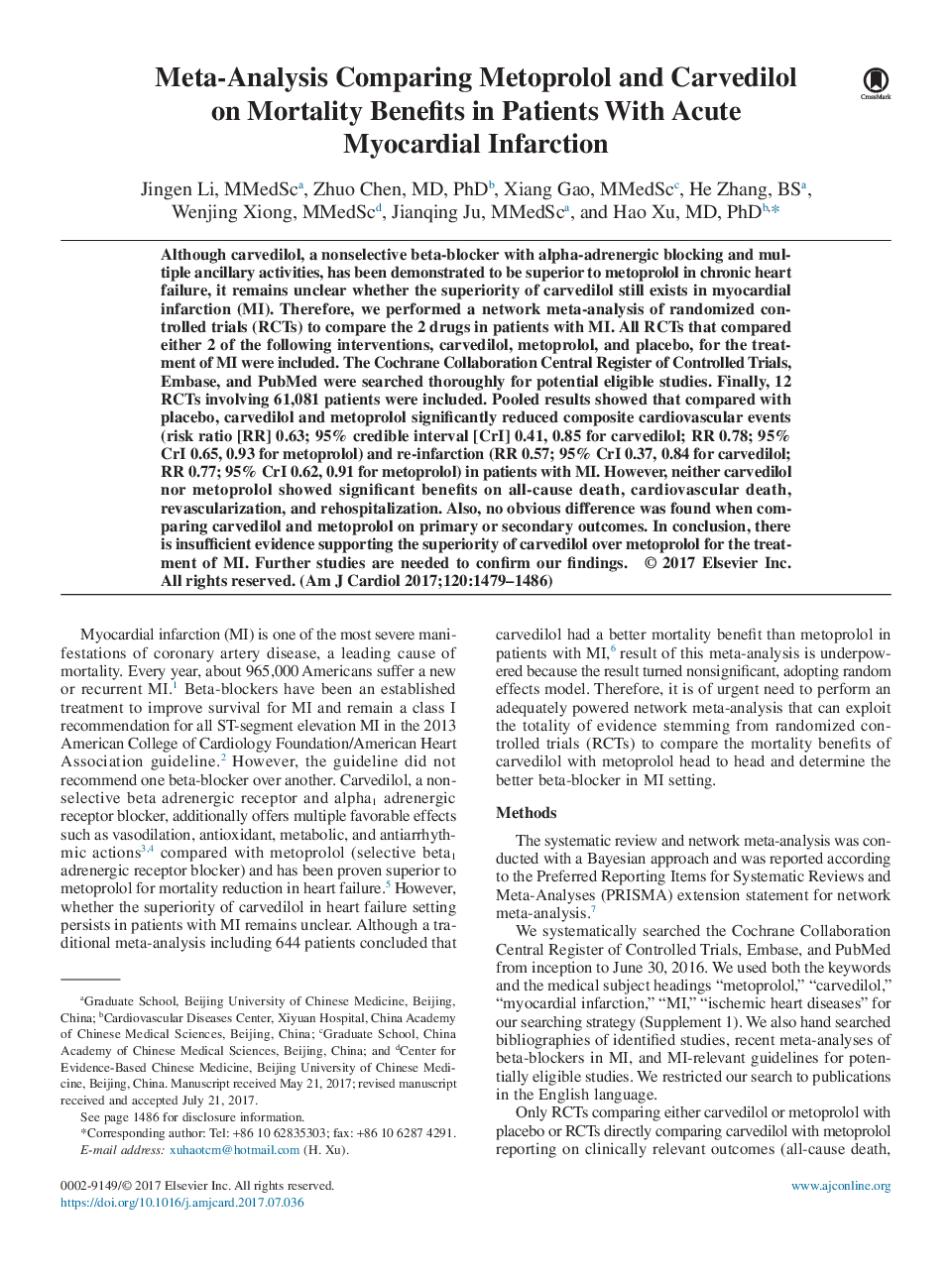 Meta-Analysis Comparing Metoprolol and Carvedilol on Mortality Benefits in Patients With Acute Myocardial Infarction