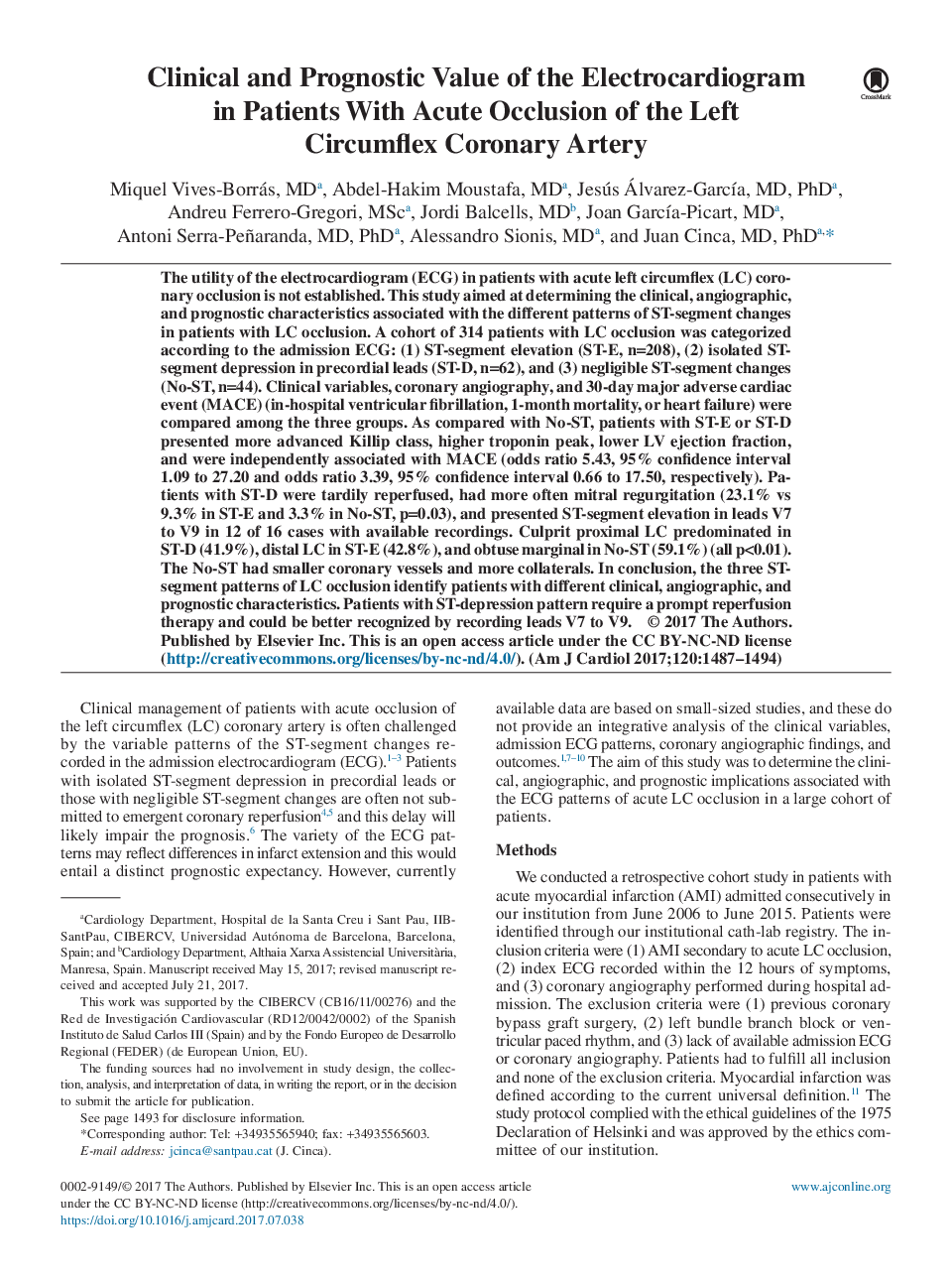 Clinical and Prognostic Value of the Electrocardiogram in Patients With Acute Occlusion of the Left Circumflex Coronary Artery
