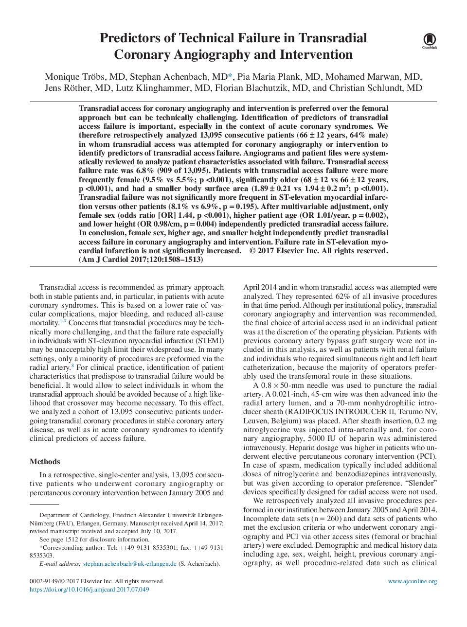 Predictors of Technical Failure in Transradial Coronary Angiography and Intervention