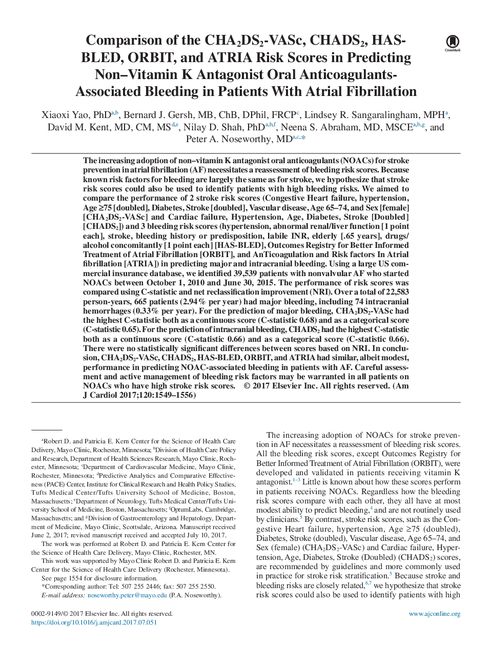 Comparison of the CHA2DS2-VASc, CHADS2, HAS-BLED, ORBIT, and ATRIA Risk Scores in Predicting Non-Vitamin K Antagonist Oral Anticoagulants-Associated Bleeding in Patients With Atrial Fibrillation