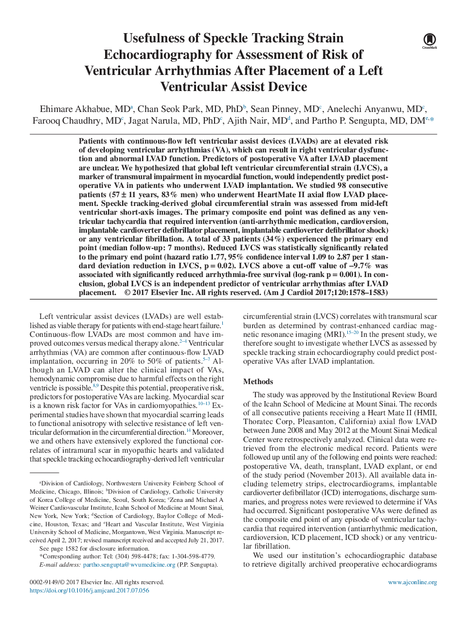 Usefulness of Speckle Tracking Strain Echocardiography for Assessment of Risk of Ventricular Arrhythmias After Placement of a Left Ventricular Assist Device
