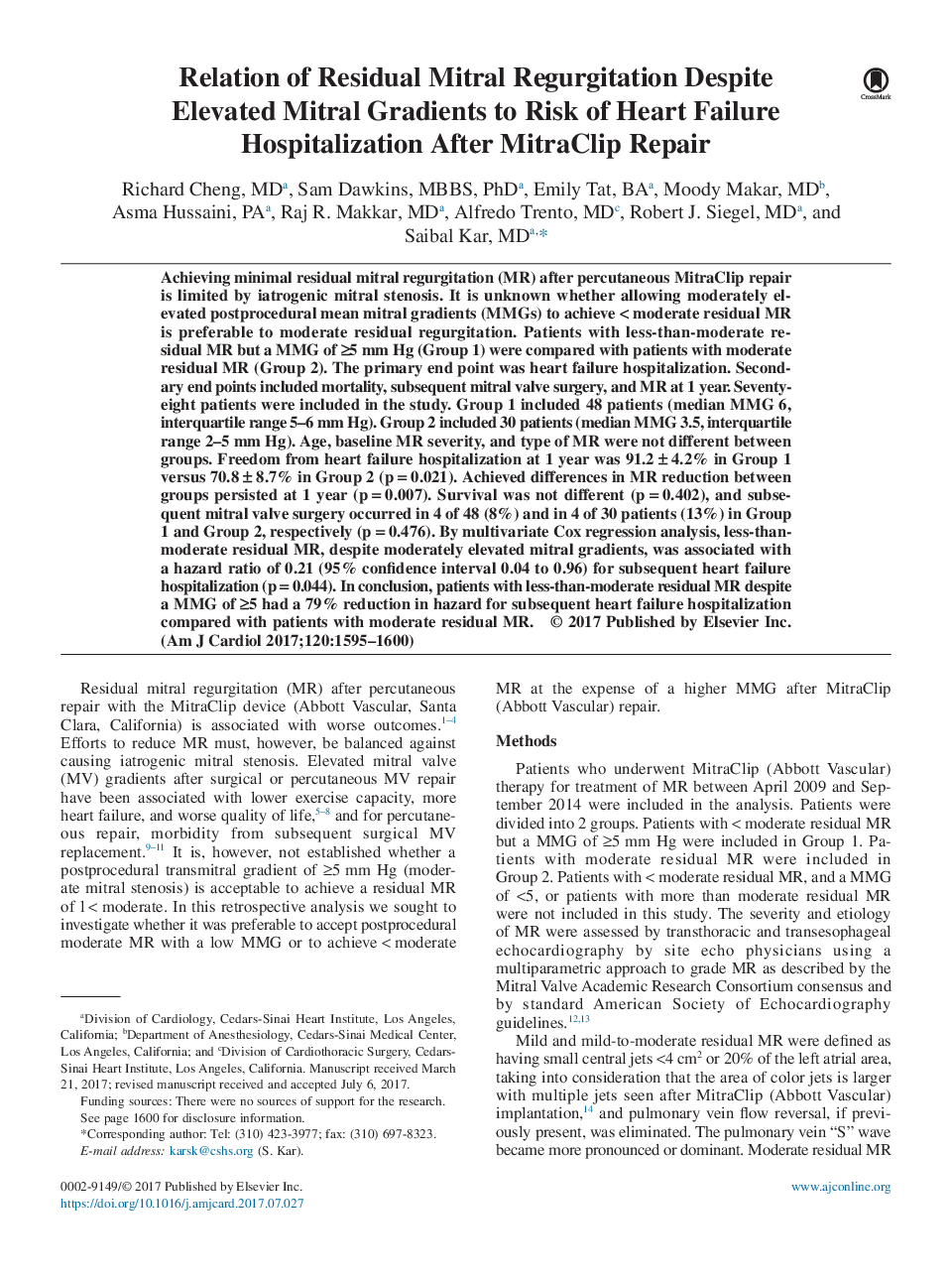 Relation of Residual Mitral Regurgitation Despite Elevated Mitral Gradients to Risk of Heart Failure Hospitalization After MitraClip Repair