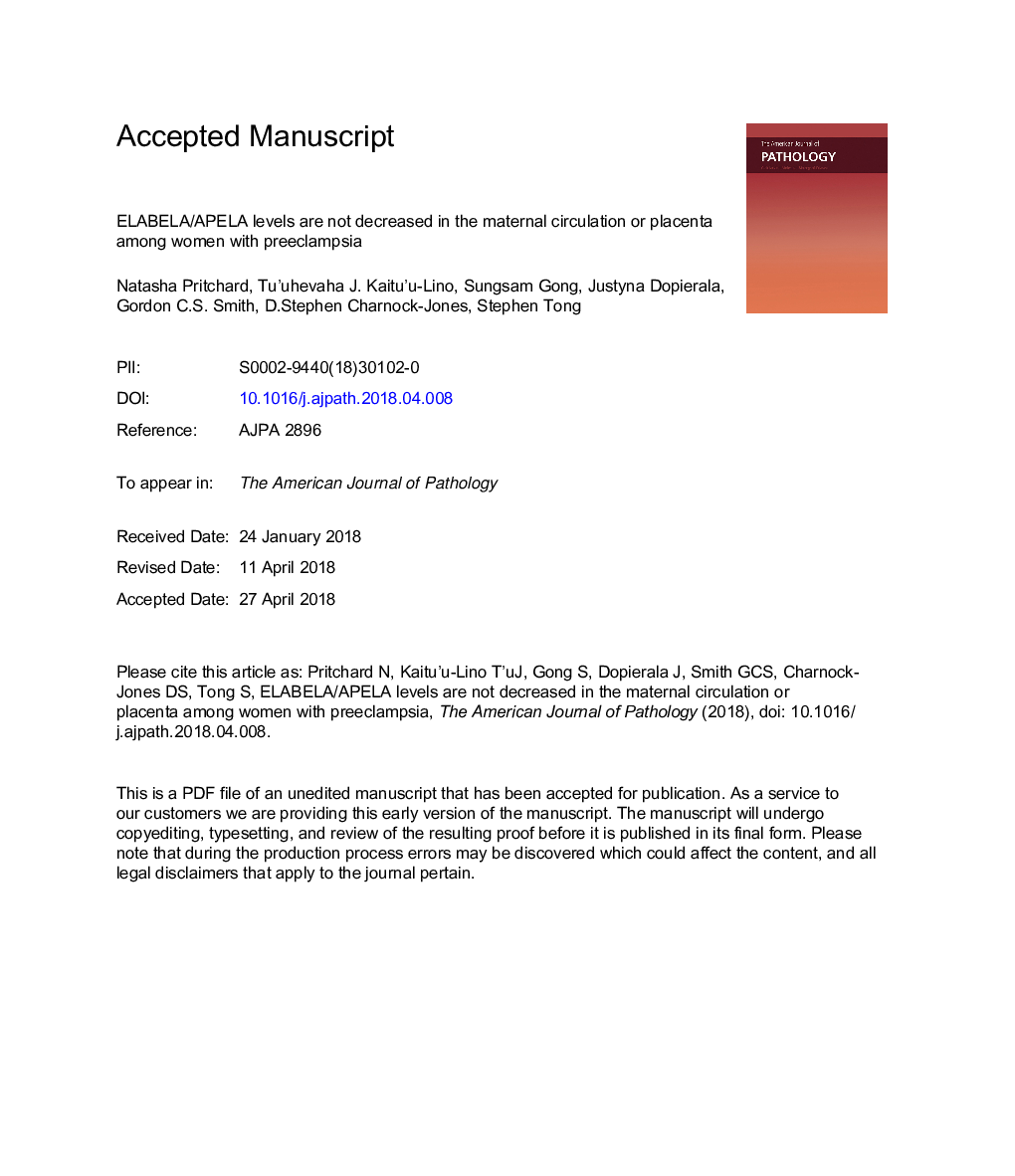 عکس صفحه اول مقاله: ELABELA/APELA Levels Are Not Decreased in the Maternal Circulation or Placenta among Women with Preeclampsia ELABELA/APELA Levels Are Not Decreased in the Maternal Circulation or Placenta among Women with Preeclampsia
