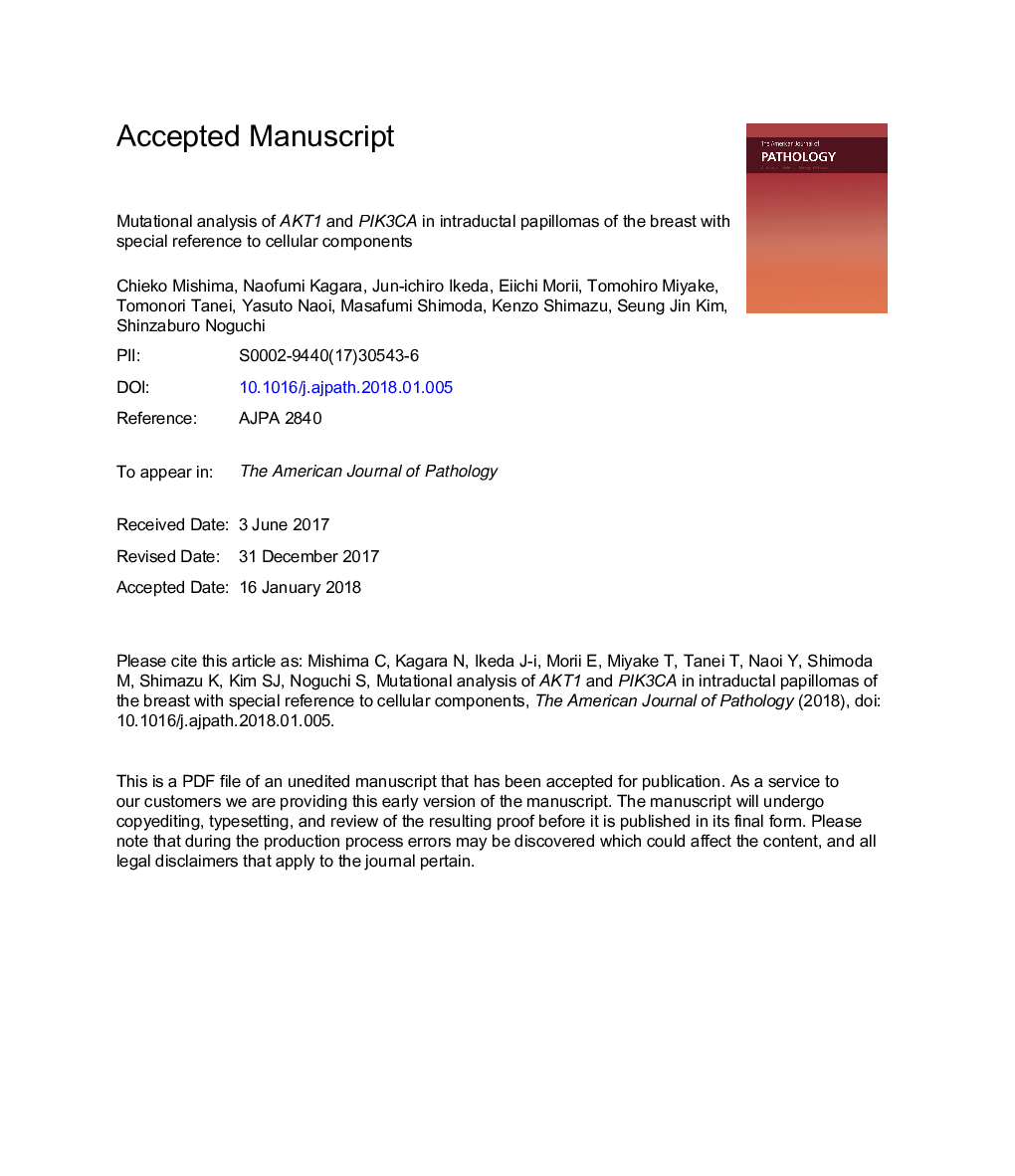 Mutational Analysis of AKT1 and PIK3CA in Intraductal Papillomas of the Breast with Special Reference to Cellular Components