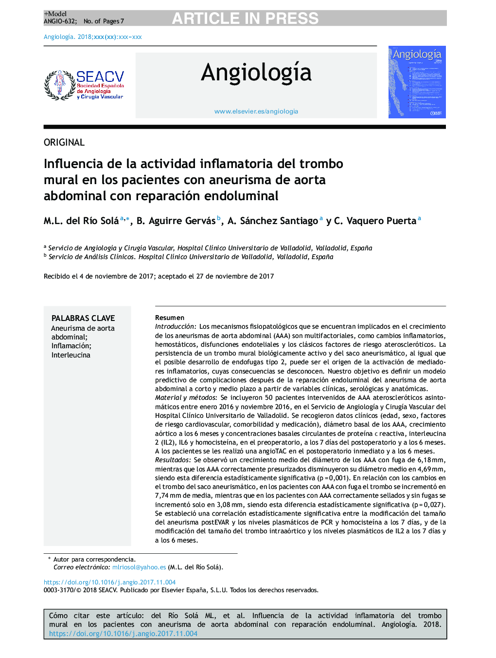 Influencia de la actividad inflamatoria del trombo mural en los pacientes con aneurisma de aorta abdominal con reparación endoluminal