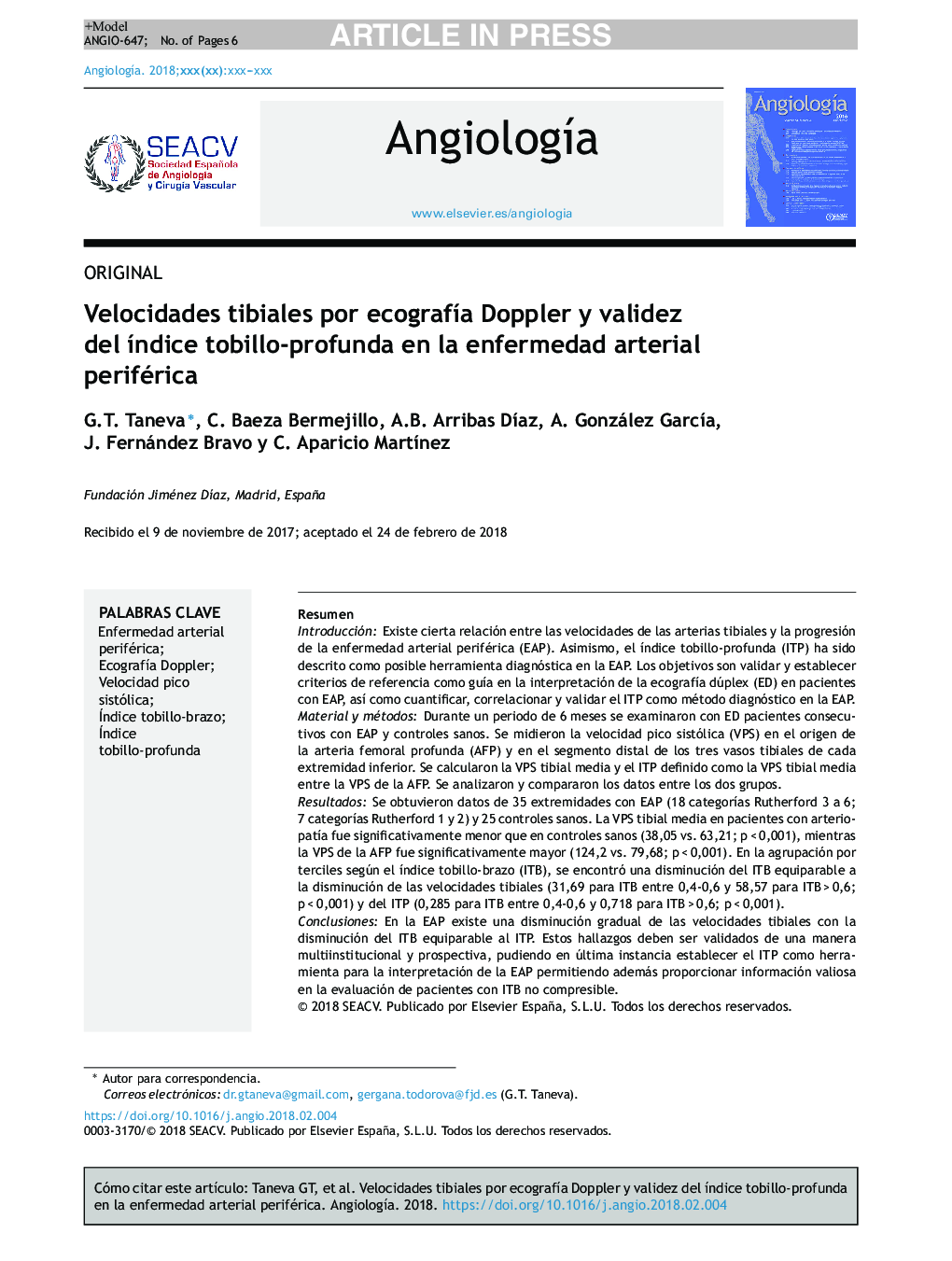 عکس صفحه اول مقاله: Velocidades tibiales por ecografÃa Doppler y validez del Ãndice tobillo-profunda en la enfermedad arterial periférica Velocidades tibiales por ecografÃa Doppler y validez del Ãndice tobillo-profunda en la enfermedad arterial periférica