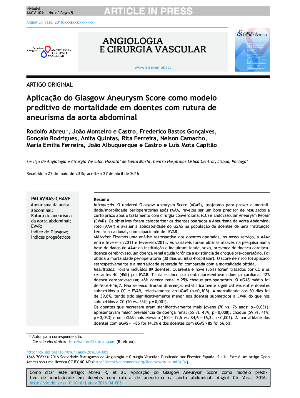 AplicaçÃ£o do Glasgow Aneurysm Score como modelo preditivo de mortalidade em doentes com rutura de aneurisma da aorta abdominal