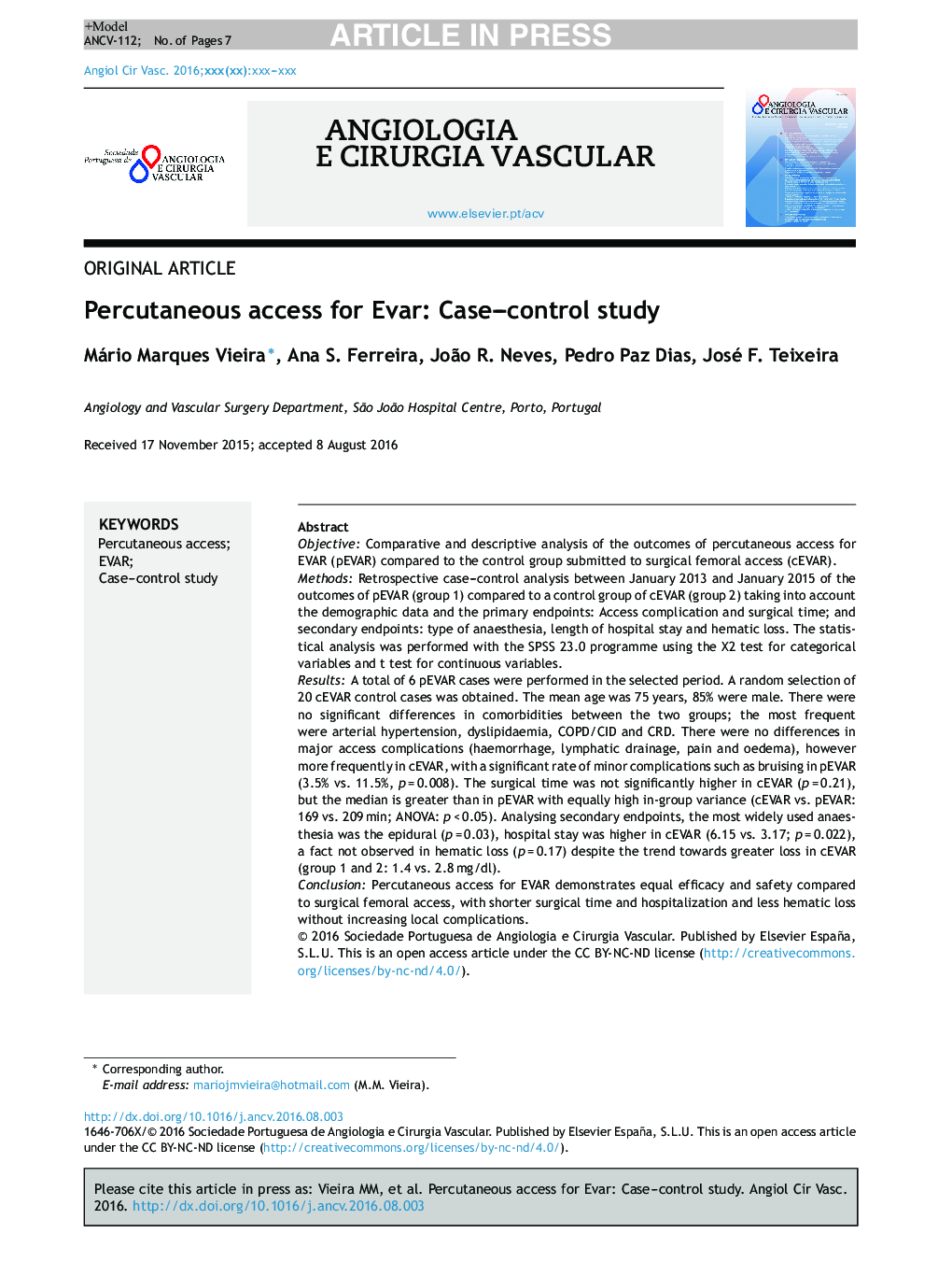 Percutaneous access for Evar: Case-control study