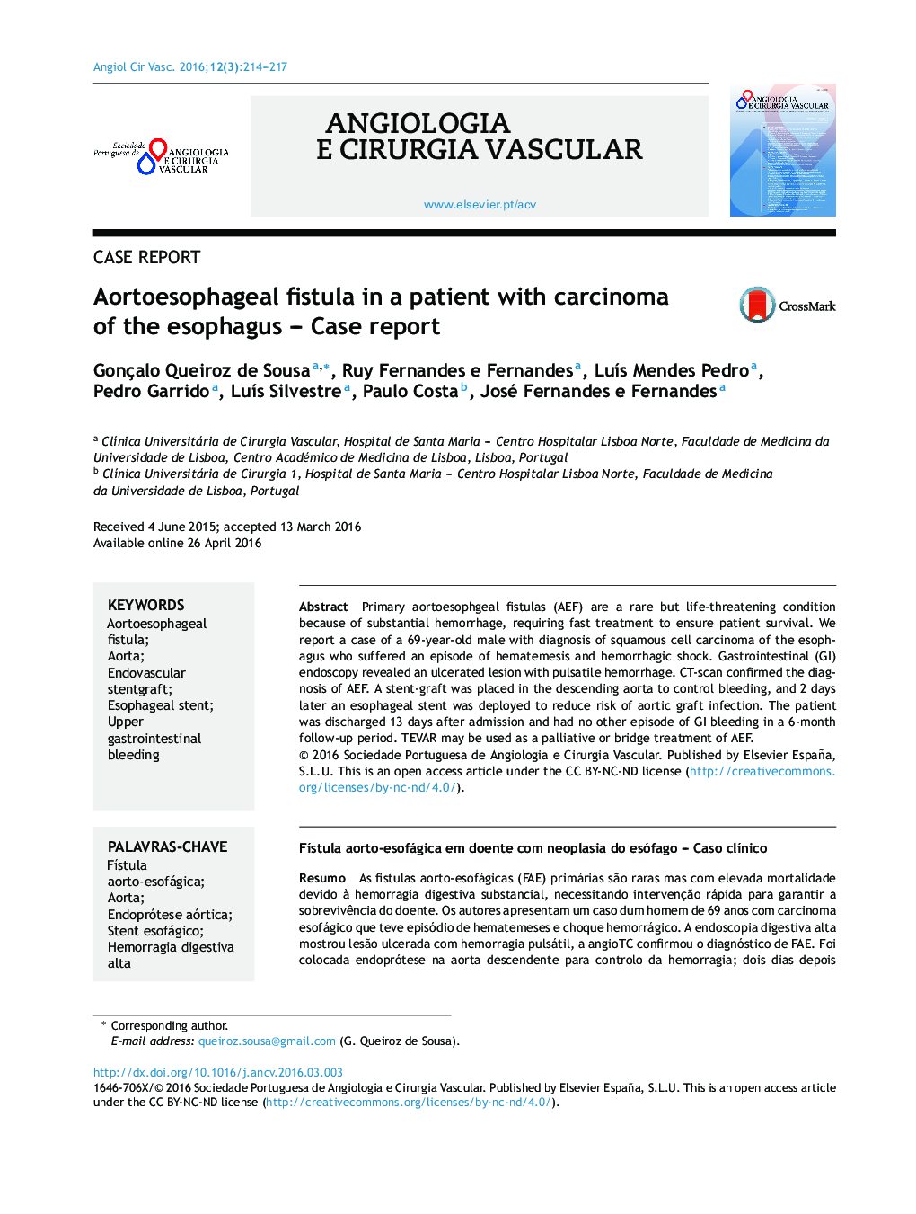 Aortoesophageal fistula in a patient with carcinoma of the esophagus - Case report